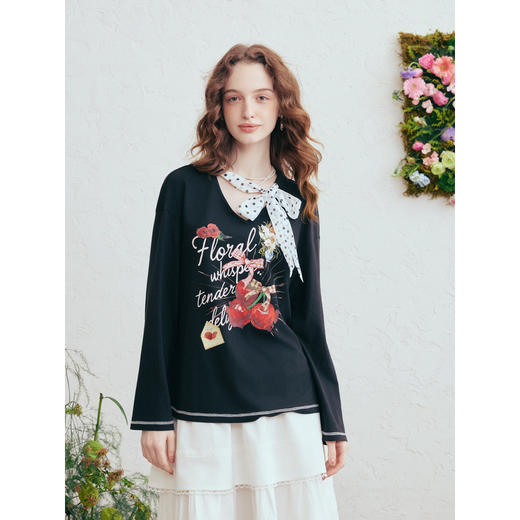 两三事梵高文艺莓果回响2026春季新款花朵印花波点绑带圆领t恤女 商品图1