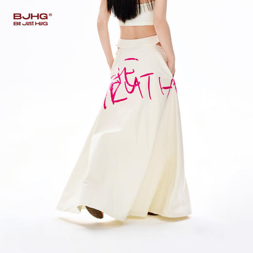 FTT FlyTheTruth 长款高腰半身裙女春季气质潮流粉色字母印花伞裙 商品图1