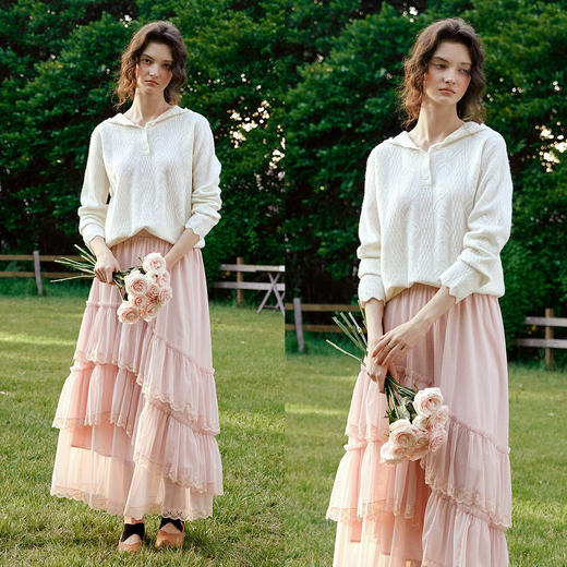 欧芮儿法式文艺连帽蕾丝花提花针织衫女冬季2025新款宽松长袖上衣 商品图2