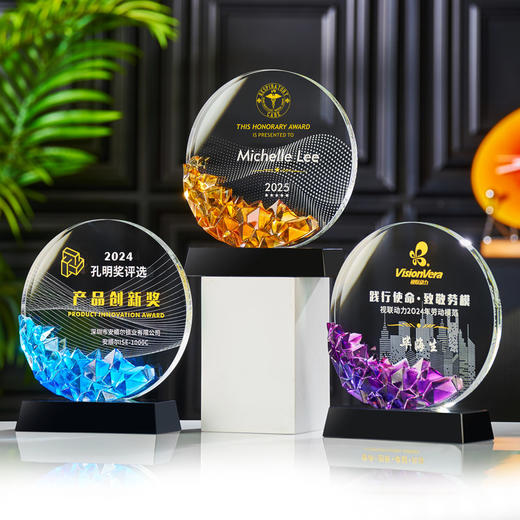 琉璃水晶奖杯牌企业年会新款授权加盟商会领导人新款创意发光奖杯 商品图9