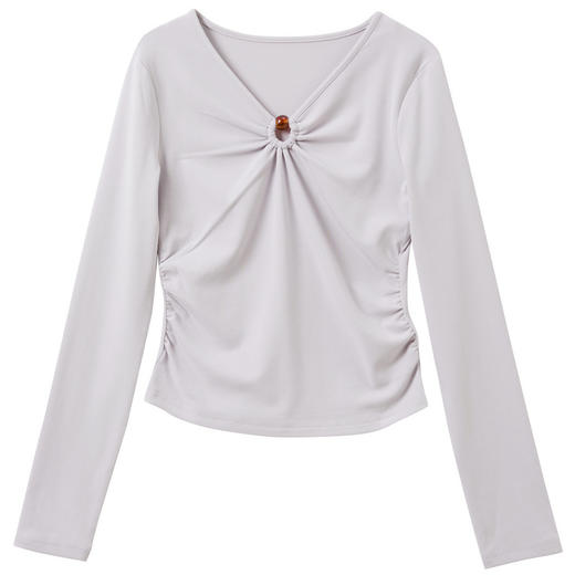 三彩【月影流芳】2026春季新款镂空V领长袖T恤上衣修身打底内搭C 商品图4