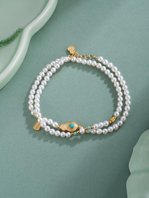 子佩集【福禄灵韵】银S925珍珠惜王妃手链【QNS0002】3mm珠镀金绿松石葫芦2601 商品图7