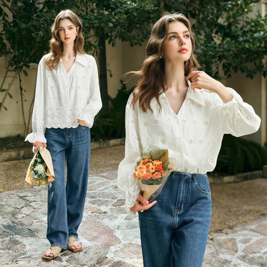 OLrain欧芮儿2026新款女春季法式慵懒感重工镂空刺绣宽松长袖衬衫 商品图2