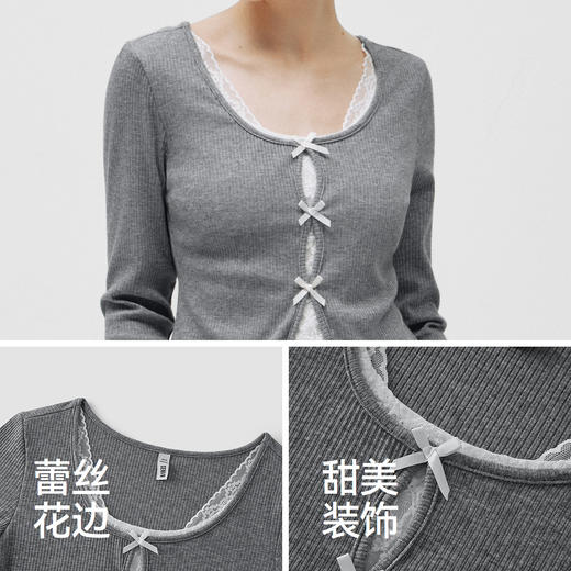 商场同款|森马长袖T恤女春短款蝴蝶结蕾丝修身假两件2026新款上衣 商品图3