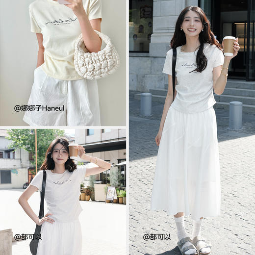 【99元任选2件】森马短袖T恤女夏季短款修身正肩字母印花衣服褶皱收腰小心机上衣 商品图4