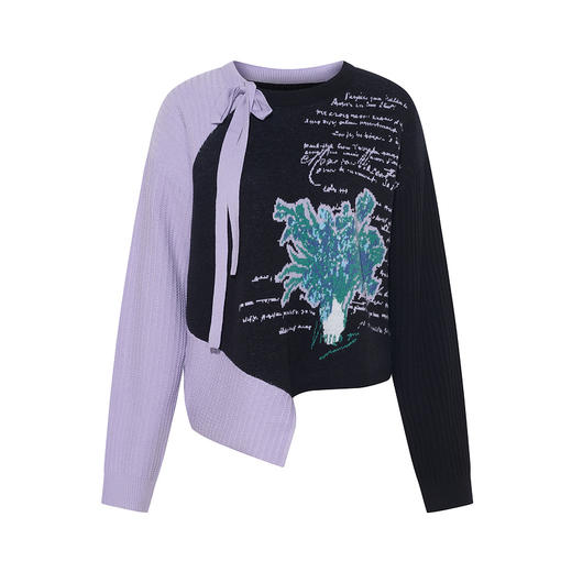 两三事梵高文艺柔软画意2026春季新款拼色不对称下摆绑带针织衫女 商品图4