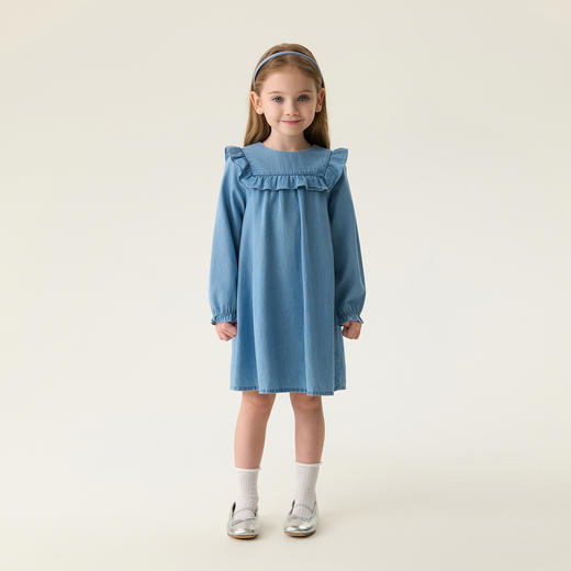 马克珍妮文艺荷叶边女童牛仔连衣裙2026年春装新款560111 商品图1