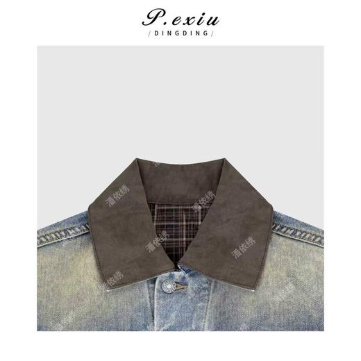 04-6潘依绣丁丁宠粉复古撞色袖口格纹翻领长袖牛仔外套Q21641 商品图2