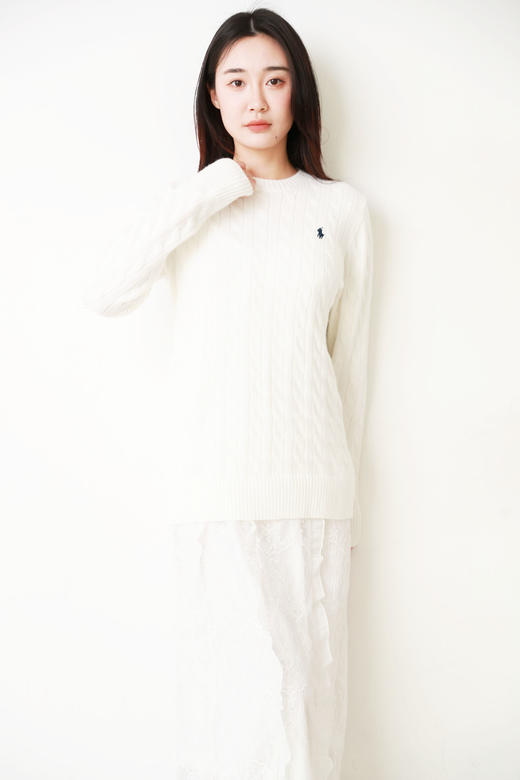 含羊毛30%，圆领麻花毛衣。小标刺绣复古氛围感长袖羊毛衫E011566 商品图9