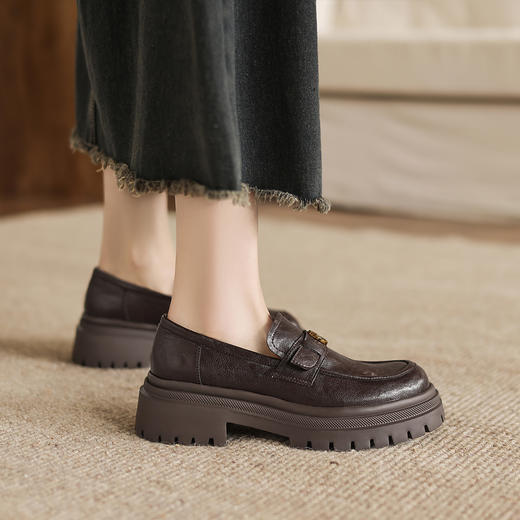 阿么手工女鞋英伦风厚底乐福鞋女增高百搭山茶花扣复古小皮鞋5CM 商品图4