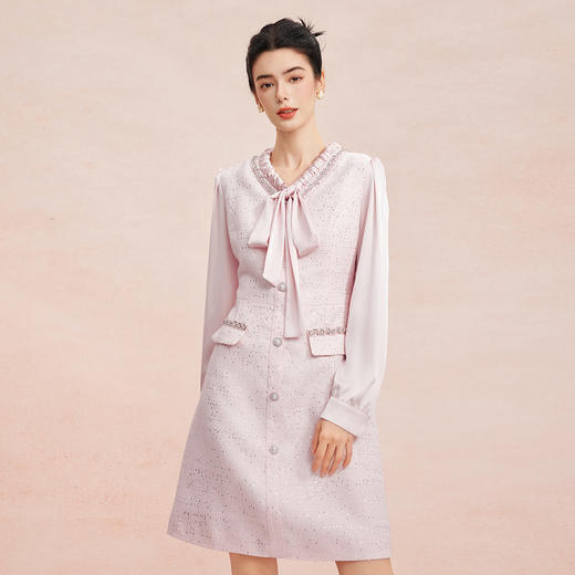 RE812斯尔丽26新款小香风名媛气质高级感修身显瘦优雅白领飘带款连衣裙 商品图0