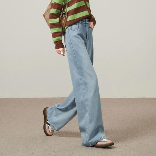 【浅蓝色-加绒-阔腿】逸阳冬加绒加厚抗寒保暖宽松直筒牛仔长裤7329 商品图6