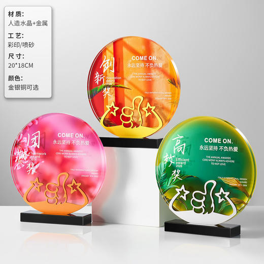 高档炫彩水晶奖杯定制创意圆形金属奖牌刻字纪念品企业年会颁奖杯 商品图3