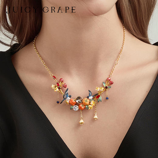 Juicy Grape首饰套装轻奢小众珐琅项链手链耳环戒指新年生日礼物 雀柿呈祥-喜事连连项链 商品图1