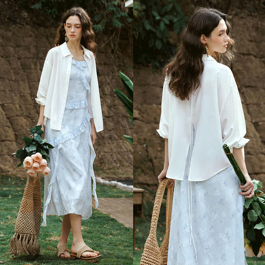 欧芮儿白色法式后背开叉绑带设计感长袖衬衫季2026春新款翻领衬衣 商品图2