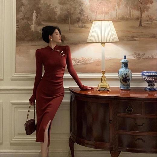 【优秀柔软面料❗️传统高级感】2026过年新年春节酒红色新中式国风盘扣立领连衣裙女秋冬感紧身新年战袍旗袍裙。jc 商品图0