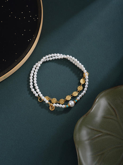 子佩集【璀璨年华】银S925珍珠惜王妃手链【QNS0010】3mm珠镀金绿松石三角之力金币2601 商品图4