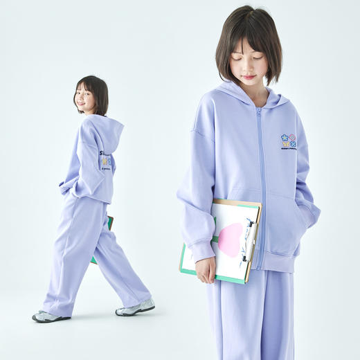 藏青色上衣预售3.21发 棵初2026年春季新款亲子中大女童撞色印花休闲开衫式卫衣卫裤套装 商品图2