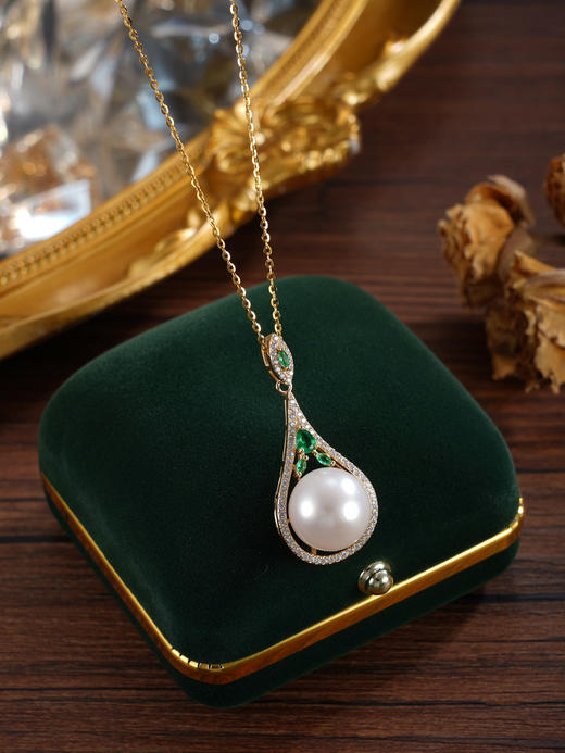 子佩集【恒久珍视】银S925珍珠惜王妃套链【P1926A】12.5mm珠绿点水滴镀金2601 商品图2