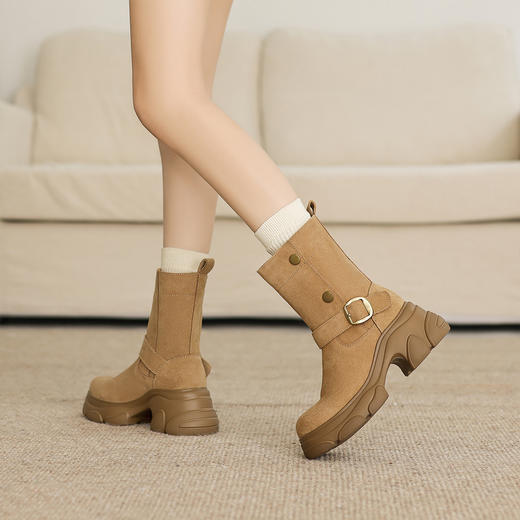 阿么手工女鞋超厚加绒【羊毛】小个子中筒靴子真皮时髦潮堆堆靴7CM 商品图2