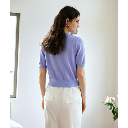 OLrain欧芮儿2026新款女夏季紫色法式圆领绞花毛针织开衫短袖上衣 商品图3