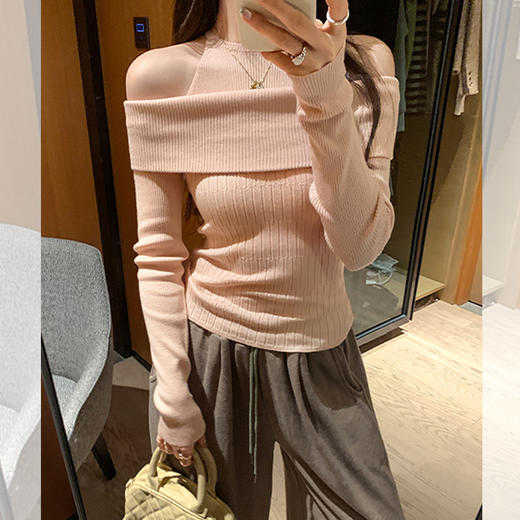 西遇长袖针织衫女秋冬新款设计感假两件一字肩毛衣打底衫SS051770 商品图2