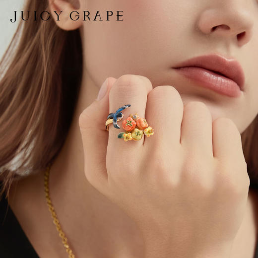 Juicy Grape首饰套装轻奢小众珐琅项链手链耳环戒指新年生日礼物 雀柿呈祥-喜柿连连开口戒指 商品图2