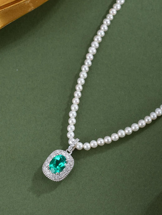 子佩集【岁月新生】银S925珍珠惜王妃项链【ZZXL033】2.8mm珠绿椭圆方块2601 商品图3
