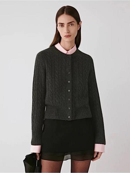 小禾2025秋冬新款！简约精致篙级蕾丝花边拼接炭黑色羊毛针织开衫外套 商品图3