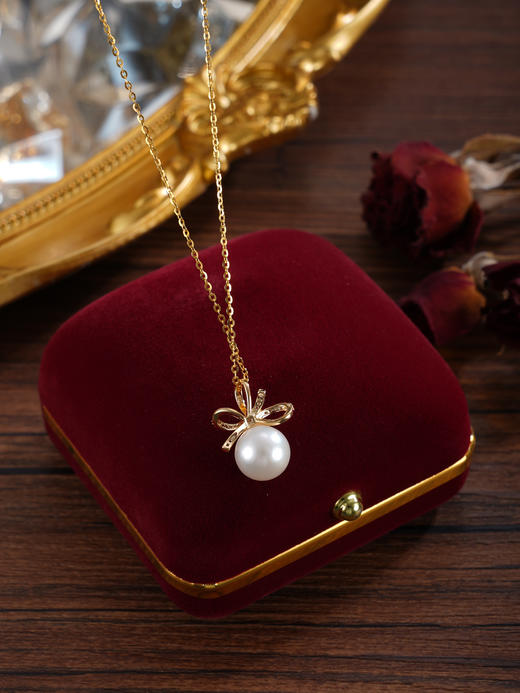 子佩集【华彩结缘】银S925珍珠惜王妃套链【P2083】9.5mm珠镀金丝带花朵2601 商品图3