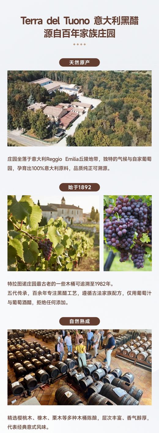 意大利摩德纳黑醋 古法工艺 木桶陈酿 自然熟成 无添加 百年品牌Terra Del Tuono 特拉图诺蓝标香醋 保税仓直邮 正关进口包邮 250ml |百里食 商品图5