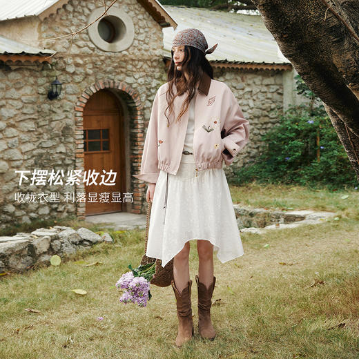 欧芮儿休闲设计感粉色撞咖色绣花短外套女春季2026新款夹克上衣 商品图2