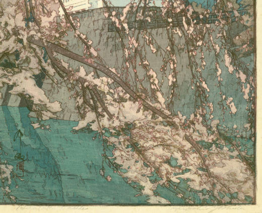 独角鹿西洋古董1935年日本昭和时代著名画家吉田博签名创作新版画作品《櫻八題 弘前城》 商品图4