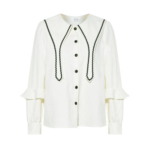 两三事 浮云月下 2026春季新款小清新波浪织带边大翻领灯笼袖衬衫 商品图4