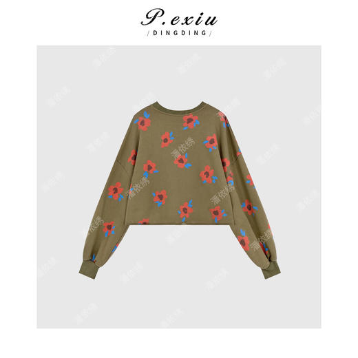 04-2潘依绣丁丁宠粉韩系花朵印花自然卷边圆领长袖卫衣Q68416 商品图1