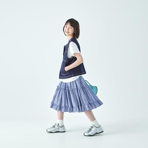 棵初2026年春季新款亲子中大女童深蓝格纹复古半裙宽松好搭A字裙 商品图4