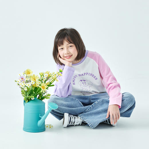 棵初2026年春季新款亲子中大女童纯棉印花长袖T恤拼色插肩袖上衣 商品图2