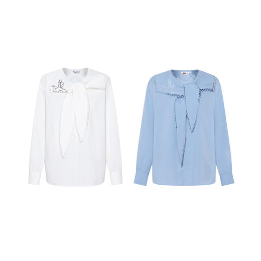 两三事梵高文艺 湖光水色 2026春季新款休闲刺绣绑带海军领衬衫女 商品图4