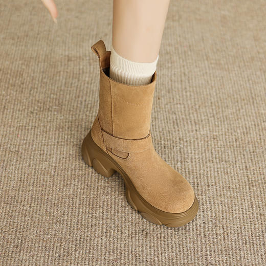 阿么手工女鞋超厚加绒【羊毛】小个子中筒靴子真皮时髦潮堆堆靴7CM 商品图3