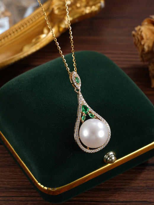 子佩集【恒久珍视】银S925珍珠惜王妃套链【P1926A】12.5mm珠绿点水滴镀金2601 商品图4