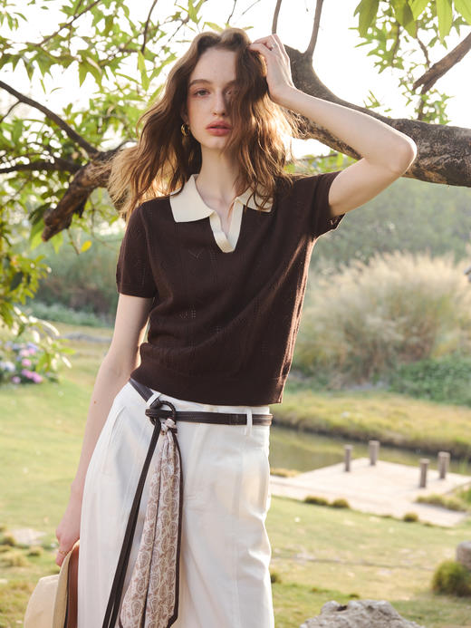 OLrain欧芮儿2026咖色T恤薄套头短袖小翻领针织上衣合身 商品图3