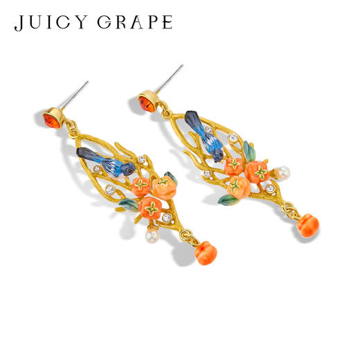 Juicy Grape首饰套装轻奢小众珐琅项链手链耳环戒指新年生日礼物 雀柿呈祥-喜上枝头耳环 商品图3