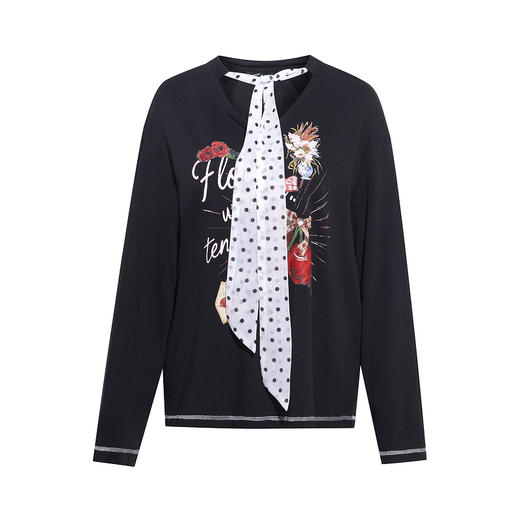 两三事梵高文艺莓果回响2026春季新款花朵印花波点绑带圆领t恤女 商品图4