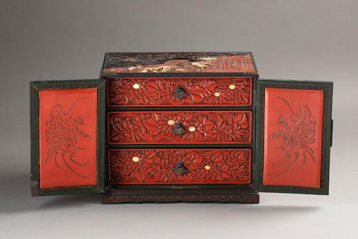 独角鹿西洋古董19世纪日本明治时期出品金漆莳绘装饰东方花鸟主题芝山镶嵌红地漆木精雕箪笥 商品图3