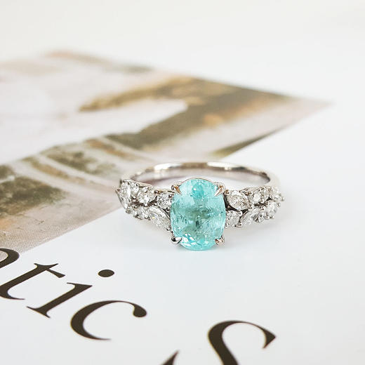 【天然正品】AU750收藏级白金镶钻镶天然椭圆1.59克拉帕拉伊巴碧玺戒指15号（戒圈可改）231225TJ41 商品图5