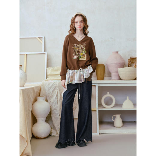 两三事深海剪影2026春新款做旧毛边裤脚口钉珠蝴蝶结阔腿牛仔裤女 商品图2