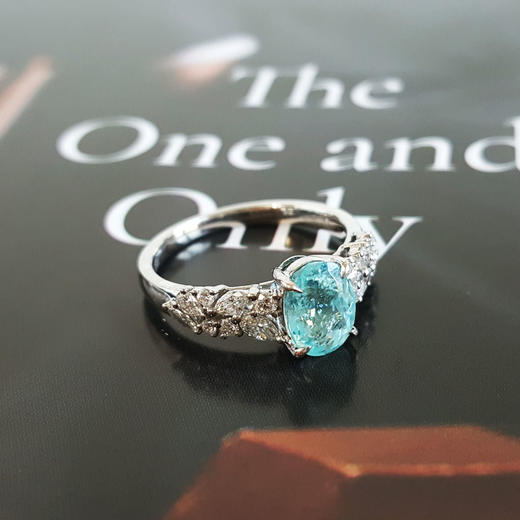 【天然正品】AU750收藏级白金镶钻镶天然椭圆1.59克拉帕拉伊巴碧玺戒指15号（戒圈可改）231225TJ41 商品图3