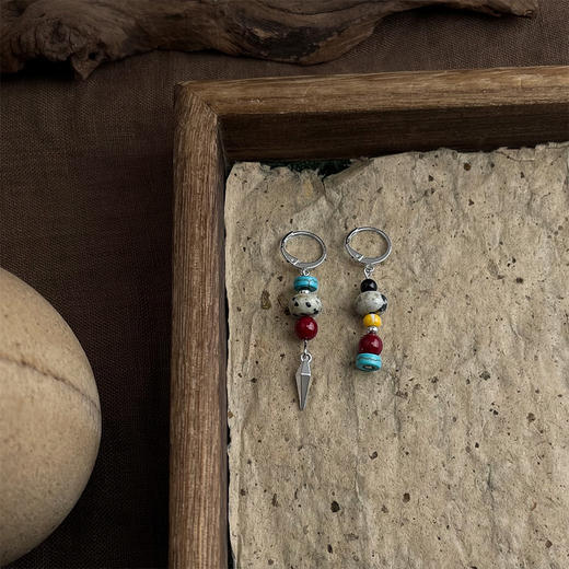 【藏地红莲藏风耳钉】复古新中式天然石串珠耳环 手工设计款国风油画感气质耳饰 商品图2