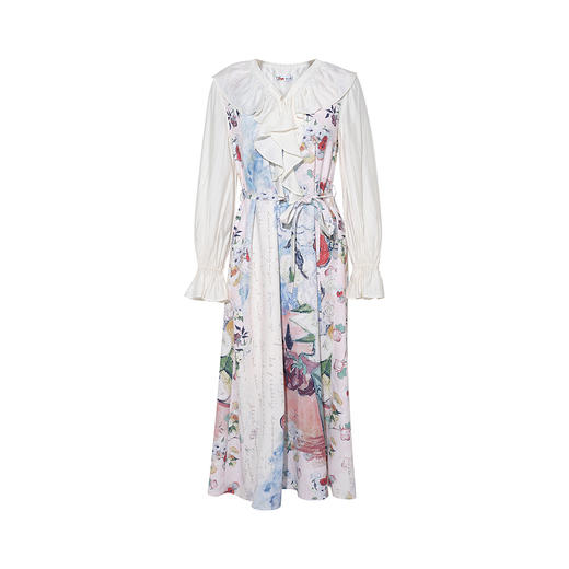 两三事梵高文艺 浪漫花房 2026春季新款荷叶边v领印花绑带连衣裙 商品图4