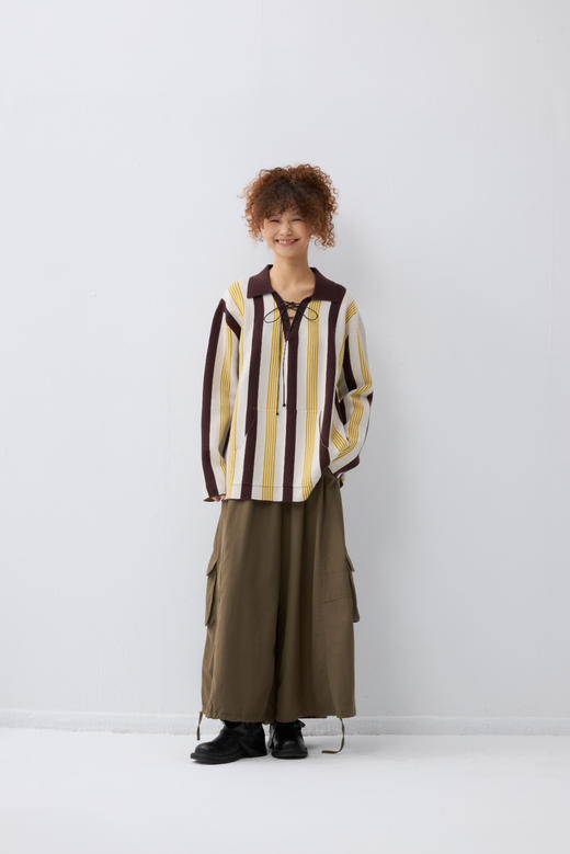 复古撞色条纹POLO领绑带设计宽松毛衣 商品图0